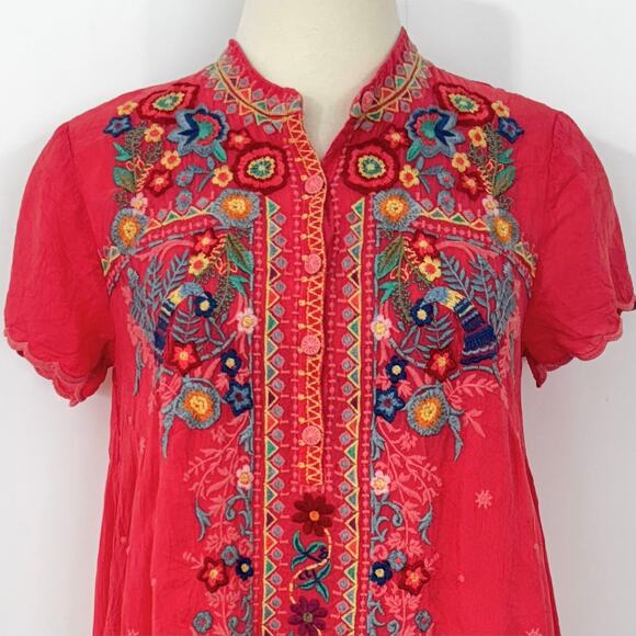 Johnny Was Mikones Embroidered Tunic Top Short Sleeve in Red/Coral Boho S - Picture 3 of 10
